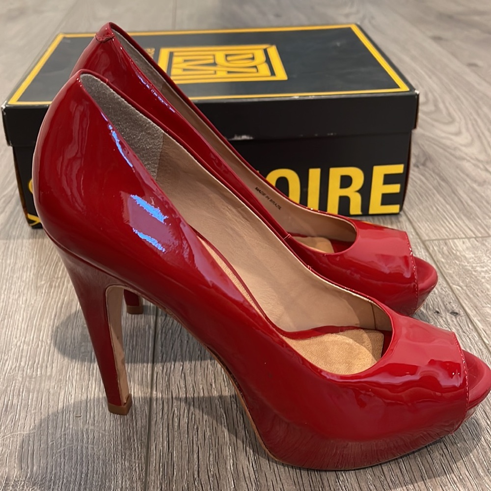 Pour La Victoire Red Soft Patent Peeptoe Ajax Pump